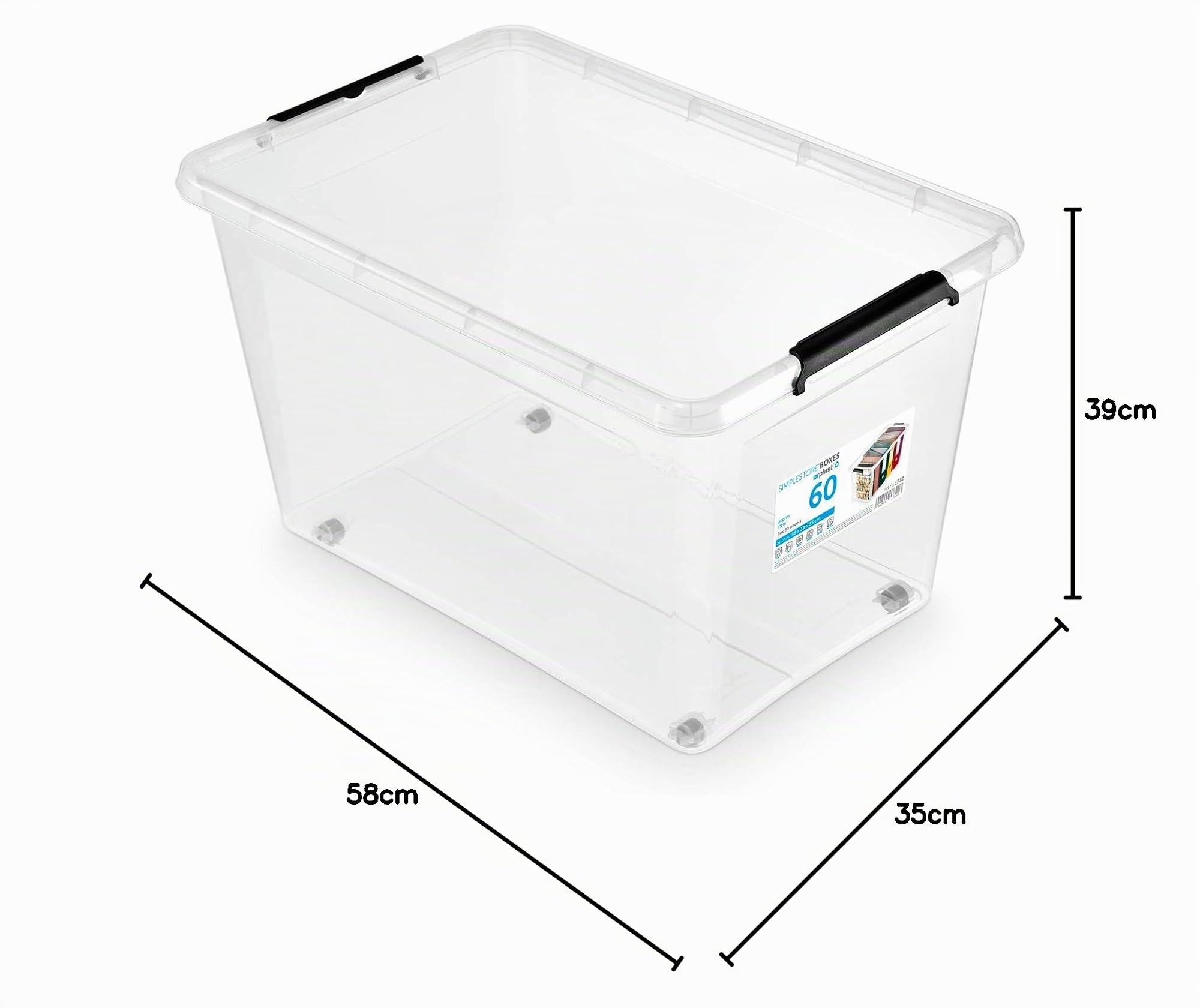 Lot de 6 boîtes à roulettes de 60 l avec couvercle/clips/roues – 58 x 39 x 35 cm – Transparent