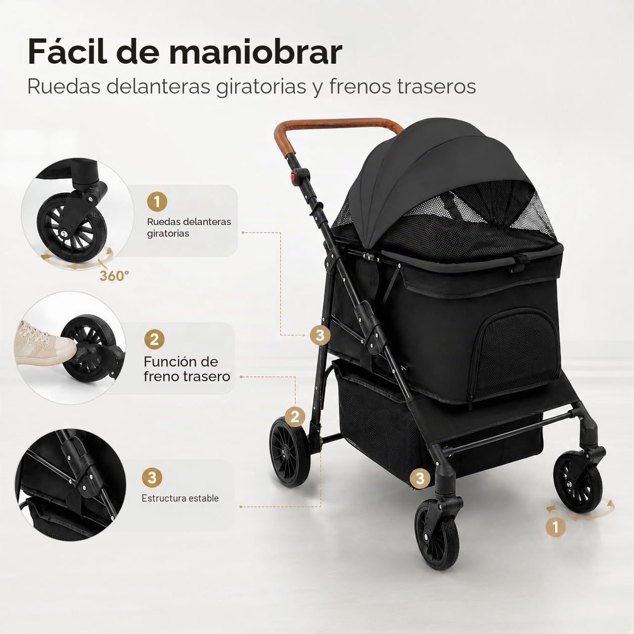 Cochecito para perros, plegable, hasta 15 kg, carrito para mascotas con ventanas de malla y freno, carrito plegable para gatos para perros pequeños y medianos
