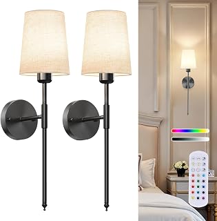 Battery Operated Wall Sconce Set of 2, Rechargeable Wall Lights with 10000mAh Detachable Battery and Remote, 10 Colors Dimmable Wireless Wall Sconces for Bedroom Living Room Decor Black