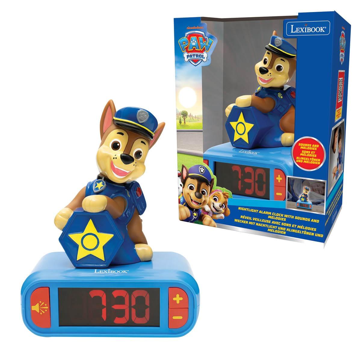 LEXiBOOK, Paw Patrol, Sound and Melody Night Light Alarm Clock, Backlit LCD Screen, Illuminated, Snooze, RL800PA2