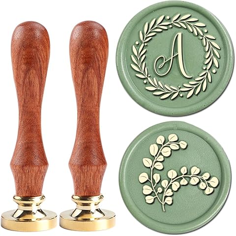 YOLAKIS Initial A Wax Seal Stamp Olive Alphabet A Sealing Stamp and Eucalyptus Wax Stamp Brass Head Decorate Christmas Cards Envelope Gift Wrap Wedding Theme Party Invitation (A)