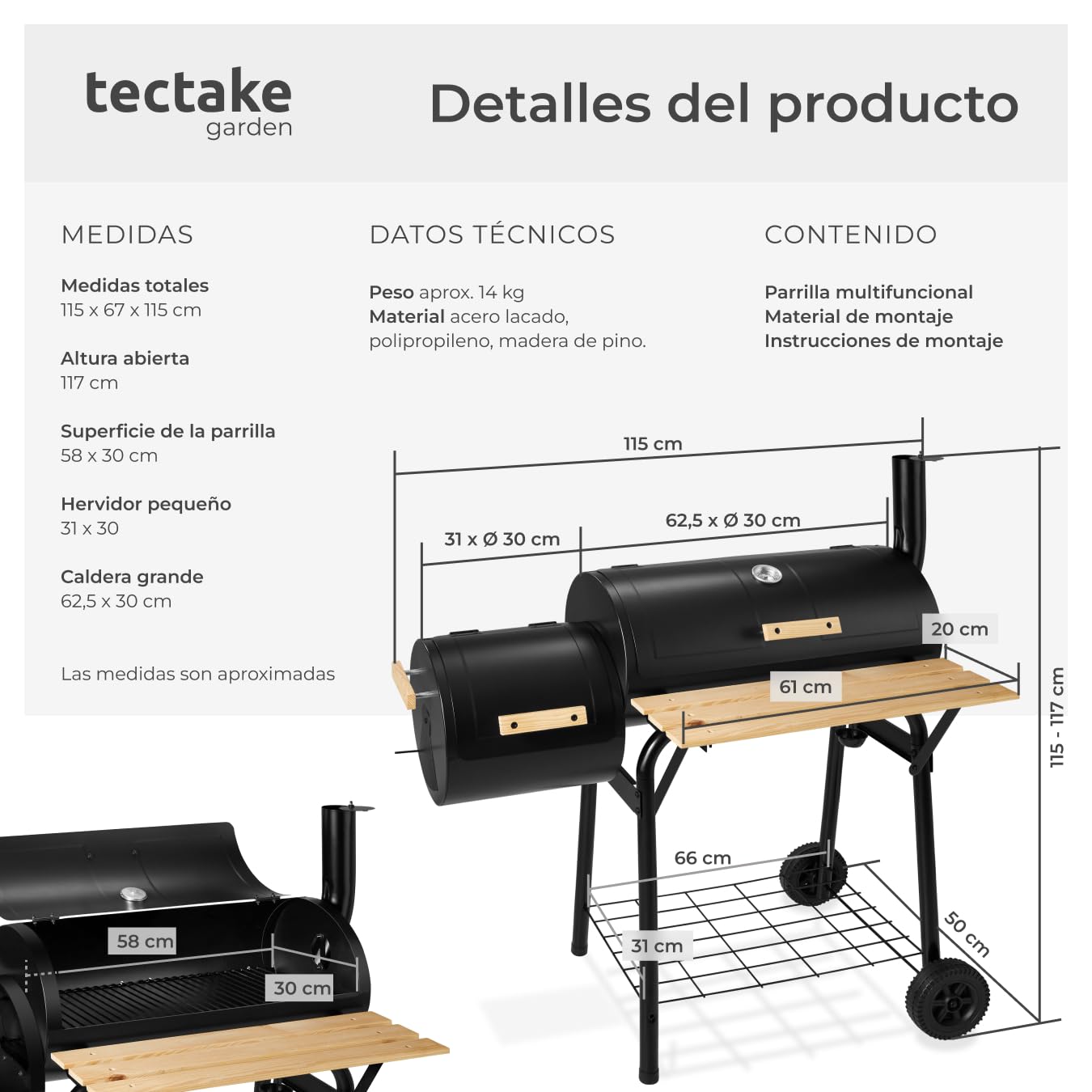 TecTake® Barbacoa de Carbón con Ahumador y Ruedas, Parrilla Acero Inoxidable, Termómetro Incorporado, Estructura Estable Móvil, BBQ Grill Exterior Grande con Tapa, Asador para Jardín, Camping