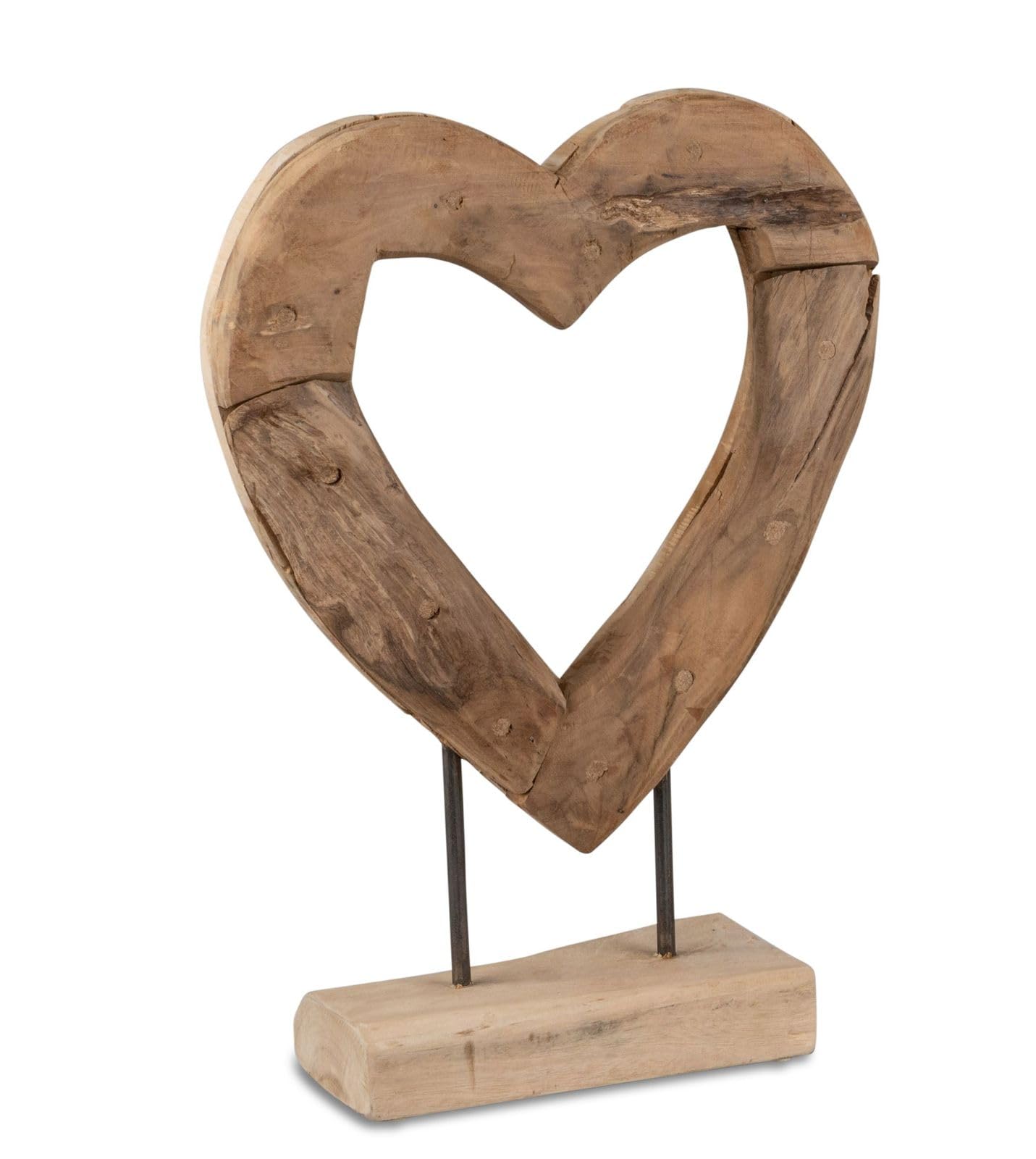 formano Deko Objekt Herz Holz Skulptur aus massivem Teakholz 40 cm auf Standfuß, modernes Wohnaccessoire mit Herzform für Sideboard, Regal & Büro