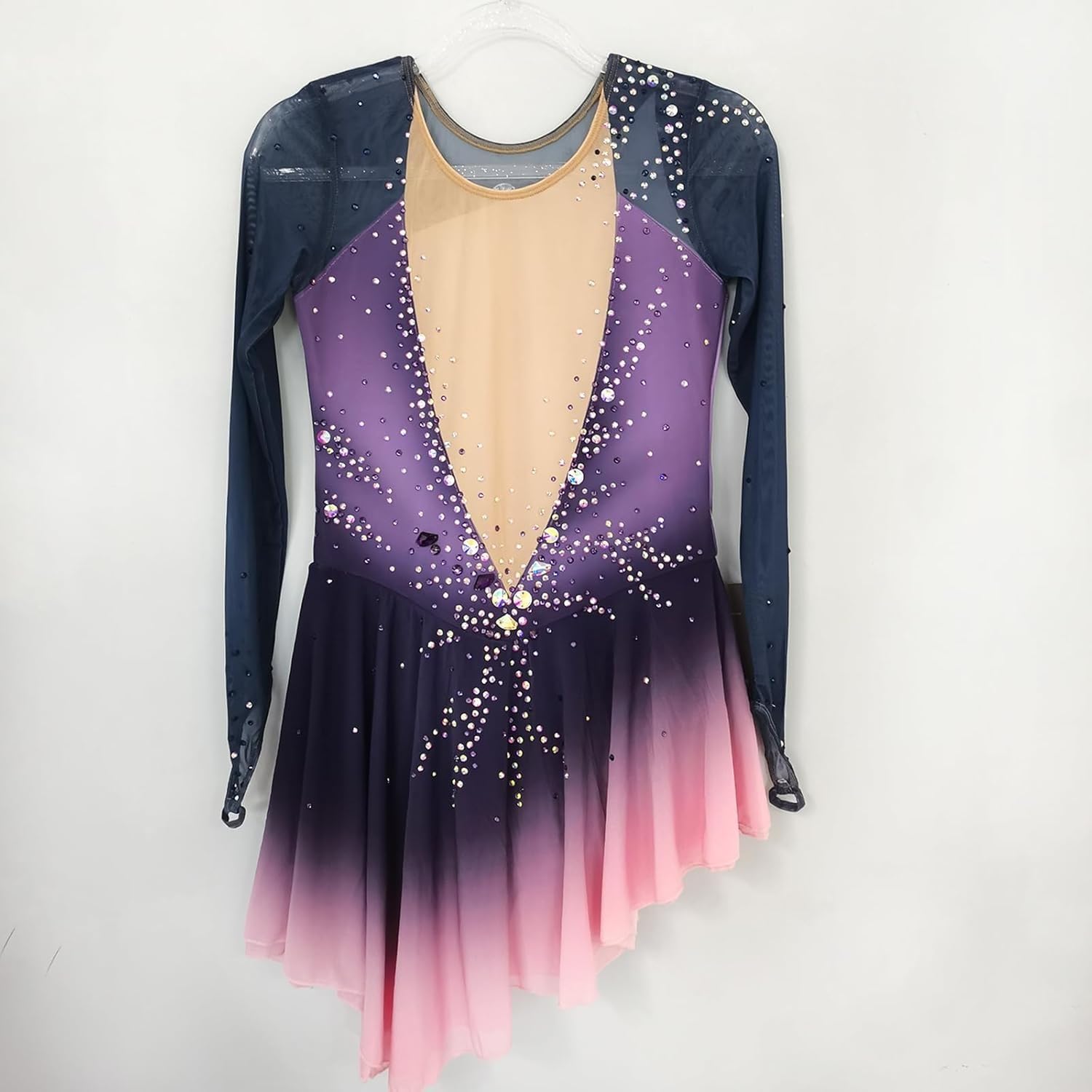 Vestido de Patinaje Artistico para Niña Mujeres Pedrería Manga Larga Niñas Vestido Bailarina con Gimnasia Rítmica Maillot de Patinaje Competición Traje de Baile
