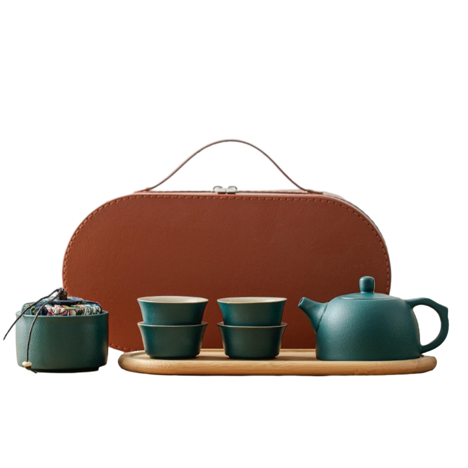Set da tè da viaggio all'aperto portatile attività aziendale teiera in ceramica anti scottatura set da tè verde una pentola con quattro tazze+piatto da tè+lattina da tè+sacchetto rosso