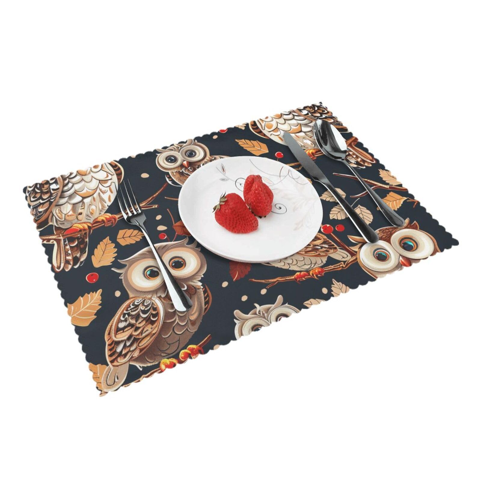 Owls on Tree Branche Printed Placemat Heat Resistant Place Mats Set of 4 PCS Washable Kitchen Table Mats, 12x18 Inch
