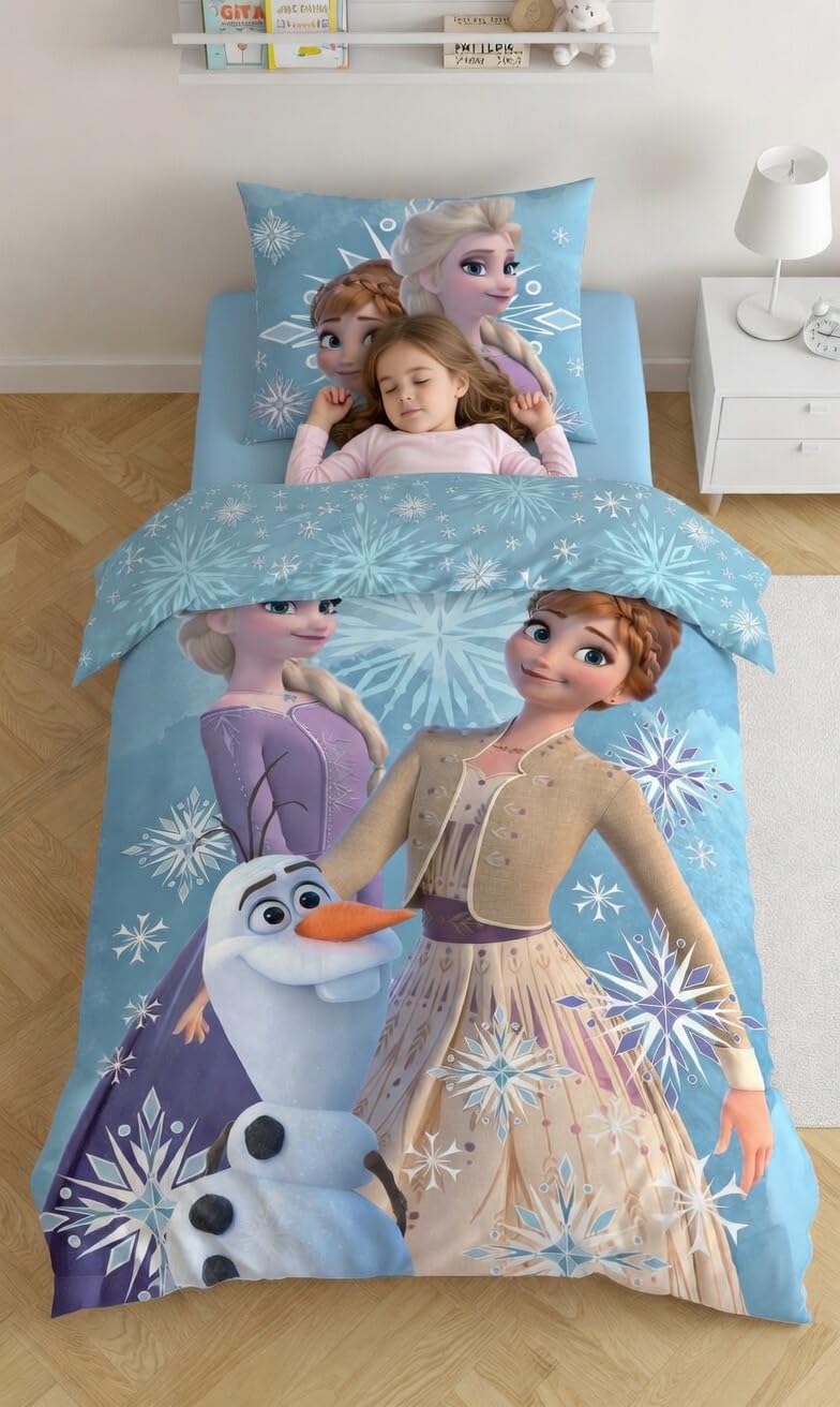 Reine des Neiges White Snowflake Housse de Couette 140x200 + Taie | Parure de lit réversible 1 personne | Coton naturel respirant Oeko-Tex | Elsa Anna Olaf Disney | Fille | Cadeau