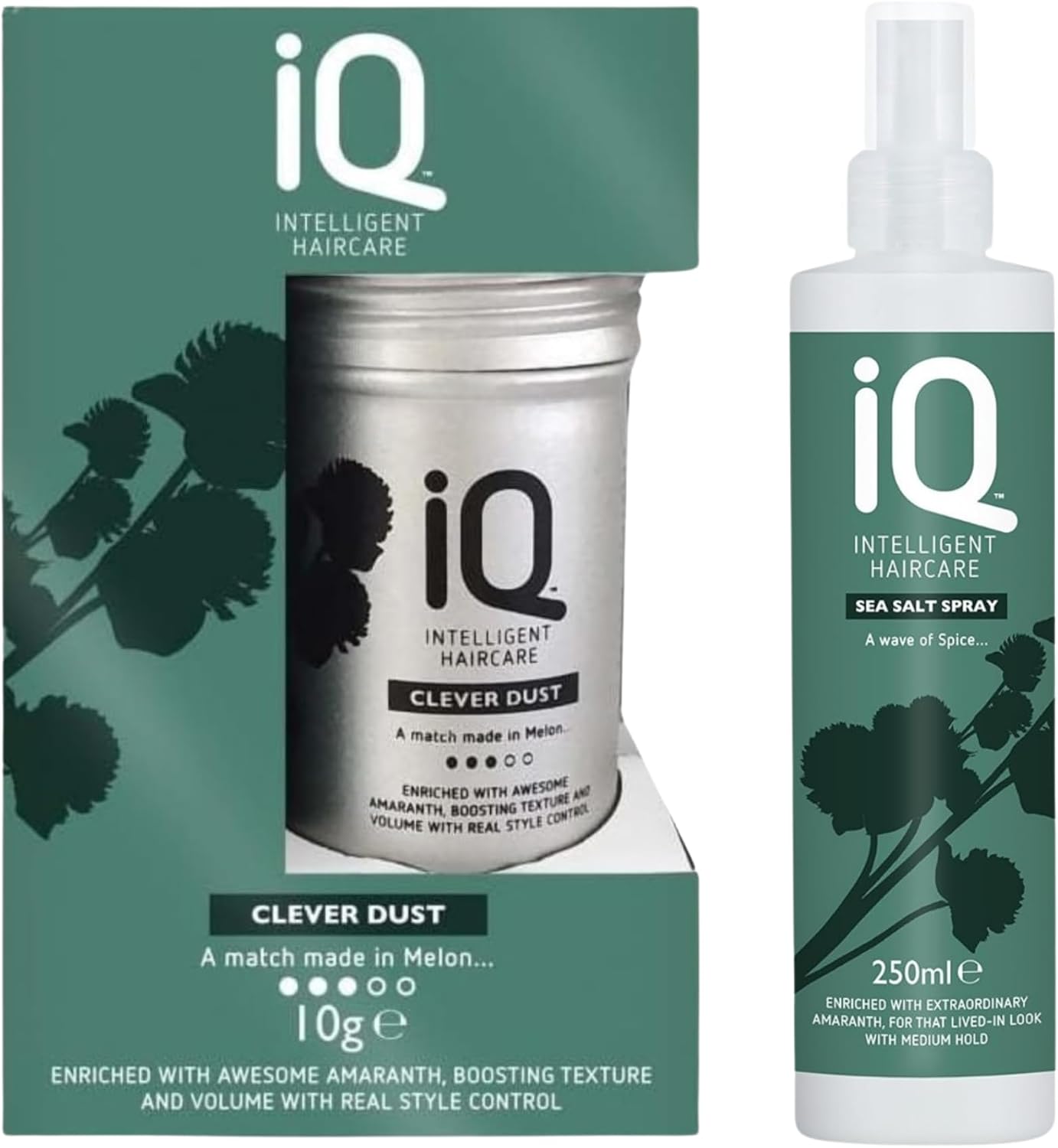 IQ Intelligent Haircare Kit Sea Salt Spray 250ml and Clever Dust 10g, Green - Achieve Unmatched Volume, Texture, and Hold for Perfect Hair Every Day