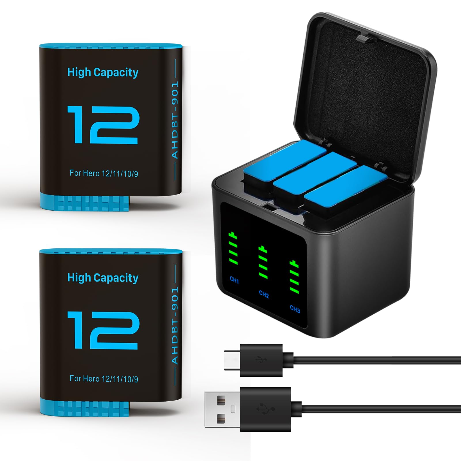 2 Pack 2580mAh Replacement Batteries for Gopro Hero 12/11/10/9 with 3-Channel Type-C Battery Charger Station