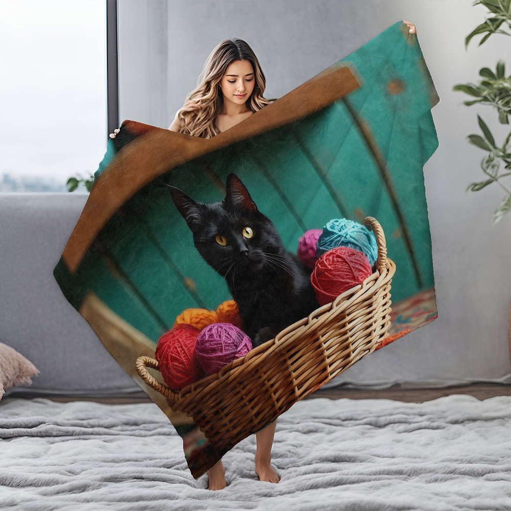 Jeté de lit en flanelle motif chat noir plaid bleu couverture canapé doux
