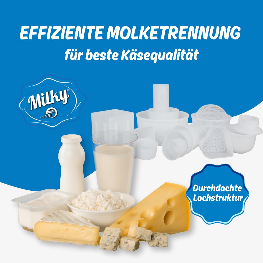 Milky Käseform Vorteilspackung – Lebensmittelechte und BPA-freie Käse Korbform für Weichkäse & Schnittkäse – Kleinere Käseform für gleichmäßige Reifung – Wiederverwendbare Käseformen