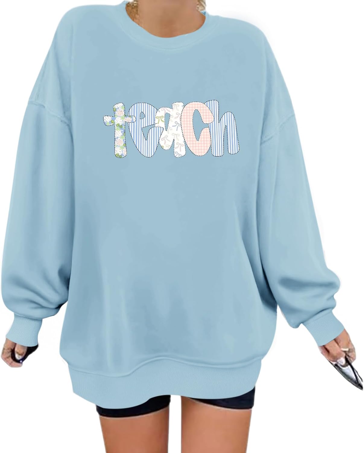 Teacher Sweatshirt for Women Oversized Teach Graphic Shirt Teachers Gift Cute Floral Long Sleeve Pullover Tops