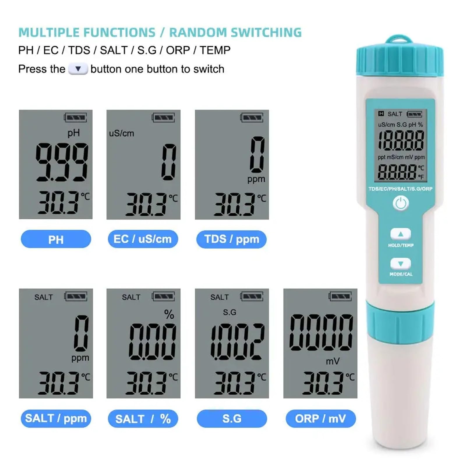 Testeur d'eau, Testeur de qualité de l'eau 7 en 1 : pH, TDS, EC, ORP, redox, salinité, densité, température (C-600) for Eau Potable et Aquariums.