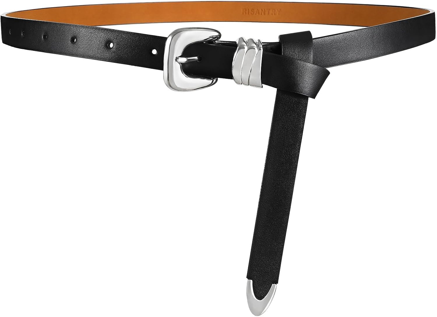 RISANTRY Black Belt for Women Sleek Silver Buckle Minimalist Strap for Trousers Classic Black Women’s Belt for Jeans