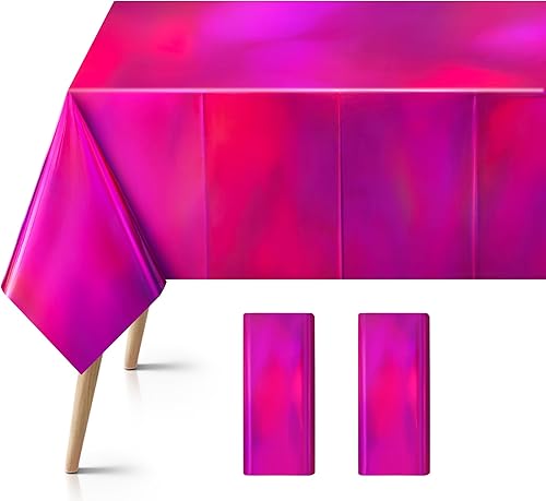 Miniatura 1 de 2 manteles de plástico iridiscente rosa intenso, desechables brillantes de 54 x 72 pulgadas, mantel rectangular holográfico con láser, mantel de