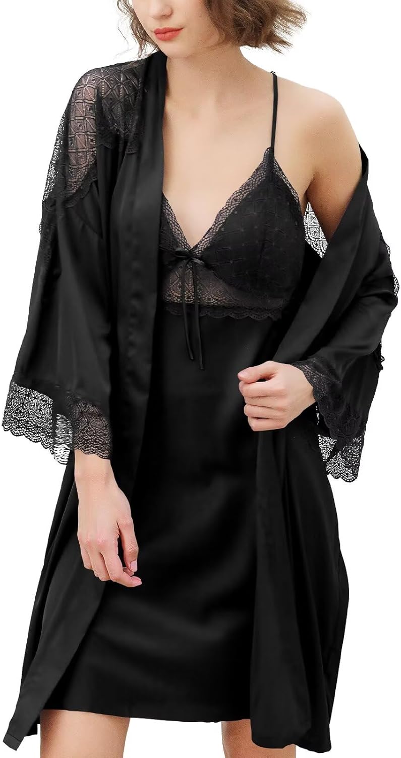 Brosloth Women's Silk Satin Robe Sets 2 Piece Sexy Pajamas Set Sheer Lace Cami Nightgown Lingerie and Silky Robes