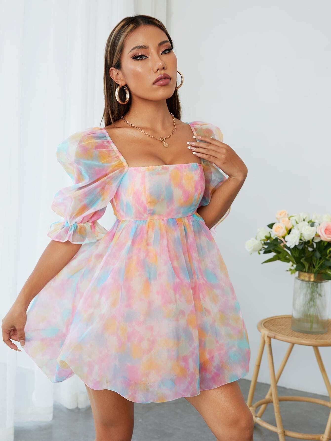 Women's Dress Dresses for Women Tie Dye Square Neck Puff Sleeve Organza  Dress (Color : Multicolor, Size : Medium) : Amazon.com.au: Clothing, Shoes  & Accessories