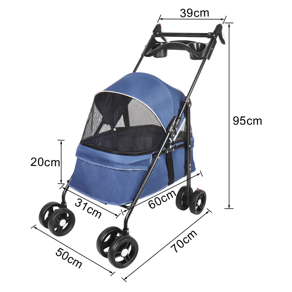 OHMG Hundebuggy, Kinderwagen für Hunde und Katzen, bis zu 25 kg, 4 Räder, zusammenklappbarer Kinderwagen für Reisen im Freien, faltbarer Trolley für Hunde, mit Netzfenster und Getränkehalter