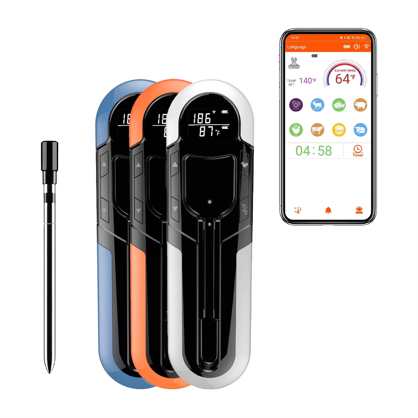 Thermomètre à viande sans fil, thermomètre à viande sans fil Bluetooth intelligent avec commandes APP et étanche IP66, thermomètre de cuisson numérique de portée 500 pieds, thermomètre alimentaire