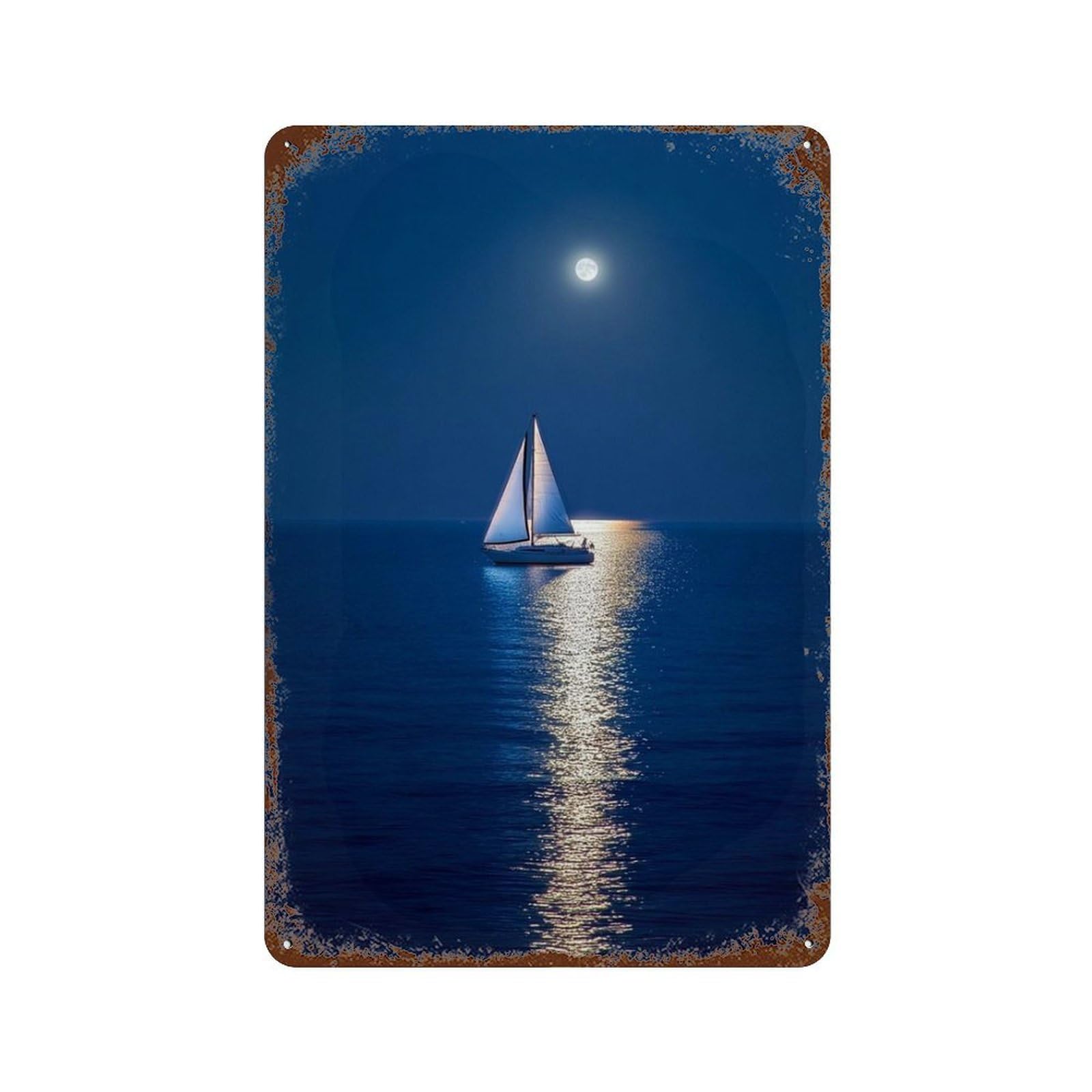 Moonlit Sailboat Journey Decorative Tin Sign 11.8"x7.9", for Garage, Bar And Workshop Decor, Novelty Wall Decor