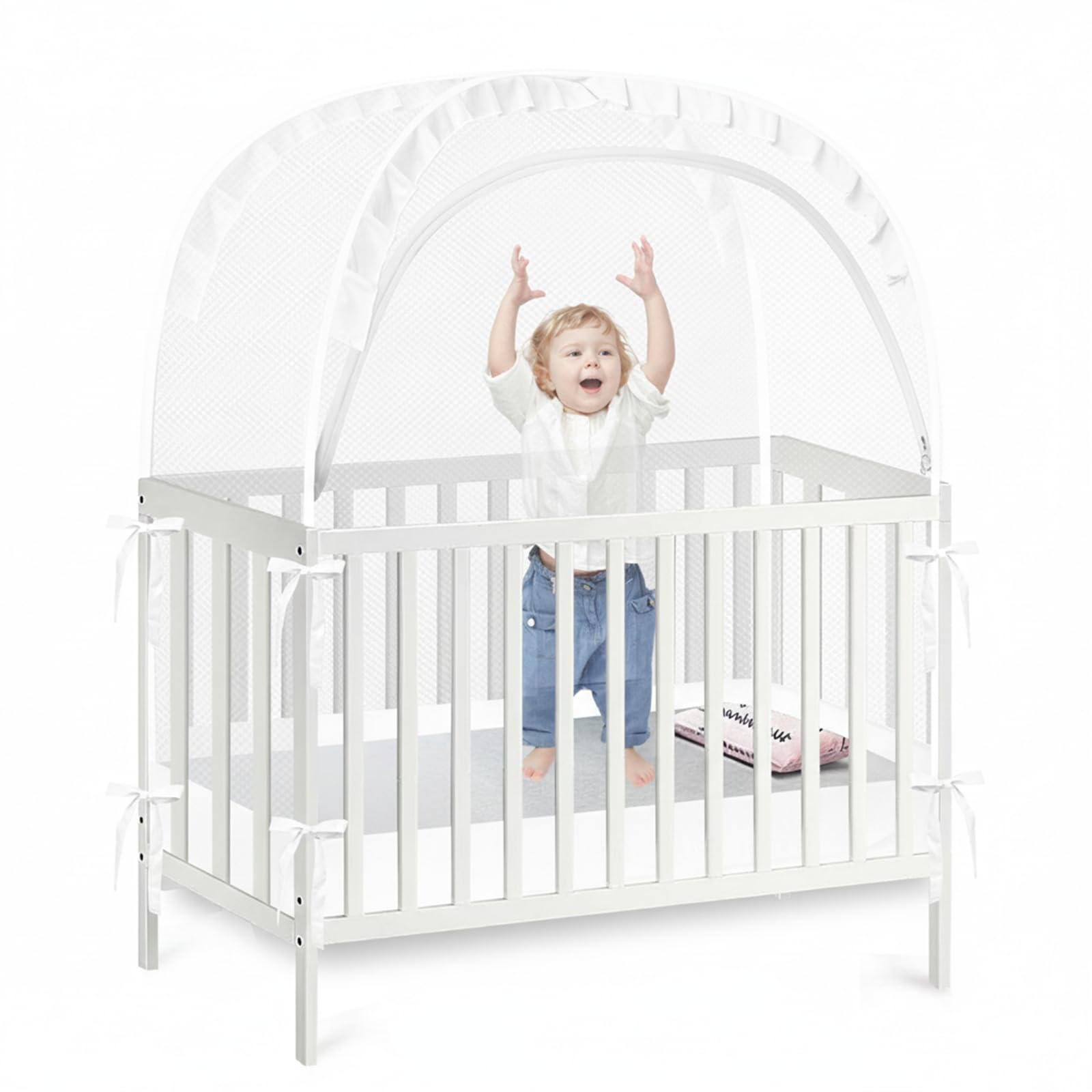 PandaEar Tenda pop-up per culla per evitare che il bambino si arrampichi, baldacchino traspirante per culla con cerniera, facile installazione (bianco)