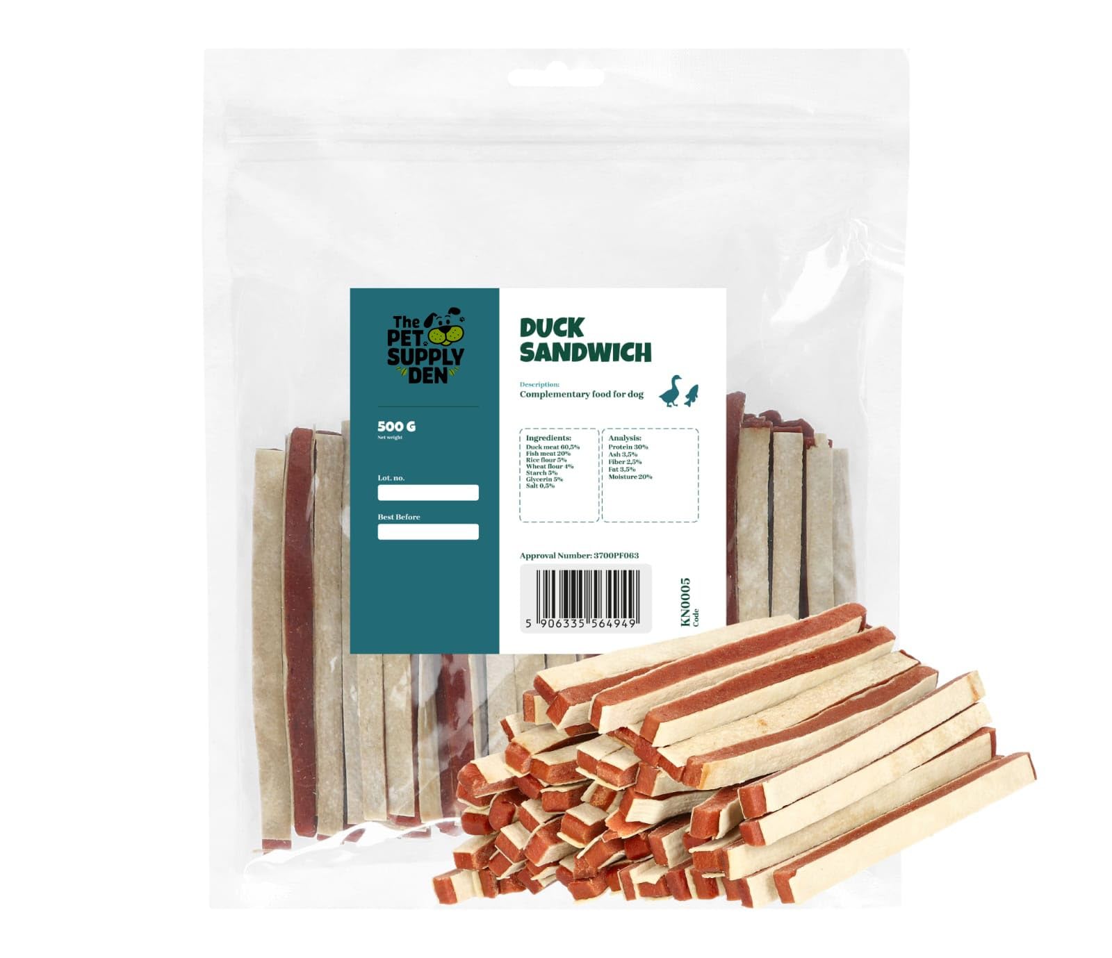 The Pet Supply Den 100% Natural Duck & Fish Sandwich Strips for Dogs 500g - Grain-Free, High Protein Dog Treats - Healthy Training Snacks - No Additives or Preservatives.