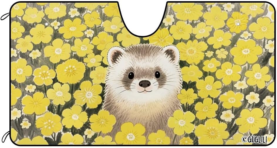 Dog Windshield Sun Shade Front Window Sunshade Ferret & Yellow Florals Design Windshield Cover Blocks UV Rays for Car Truck SUV 51 x 26.8 Inch Style 1