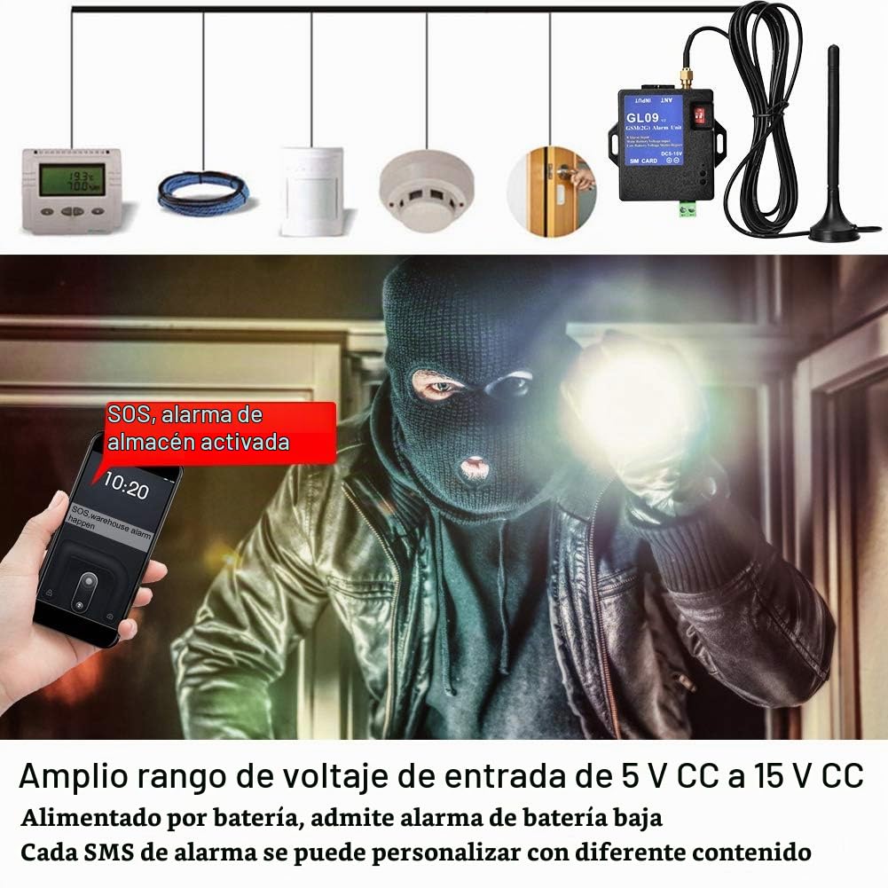 Alarma gsm gl09 Sistema de Seguridad 8 Canales Caja de Voz para teleasistencia sim con App y SMS, Alimentación por batería, para casa, almacén y Negocio