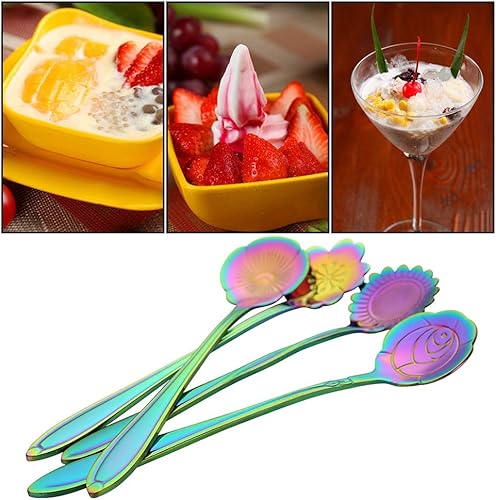 Vista 4 de AnSaw Juego de 8 cucharas de flores de arco iris, cucharas de té reutilizables de acero inoxidable para revolver café, mezclar, azúcar, postre