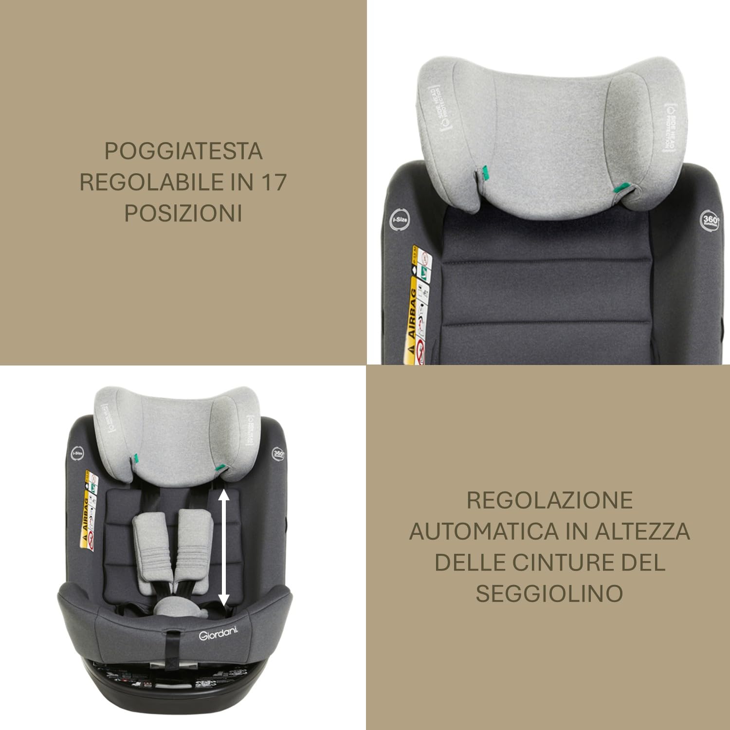 Giordani Titano Seggiolino Auto 40-150 cm i-Size, Base Girevole 360°, Isofix e Top Tether, 6 Posizioni dello schienale, Poggiatesta Regolabile e Riduttore Neonato,Evolutivo da 0 a 12 Anni