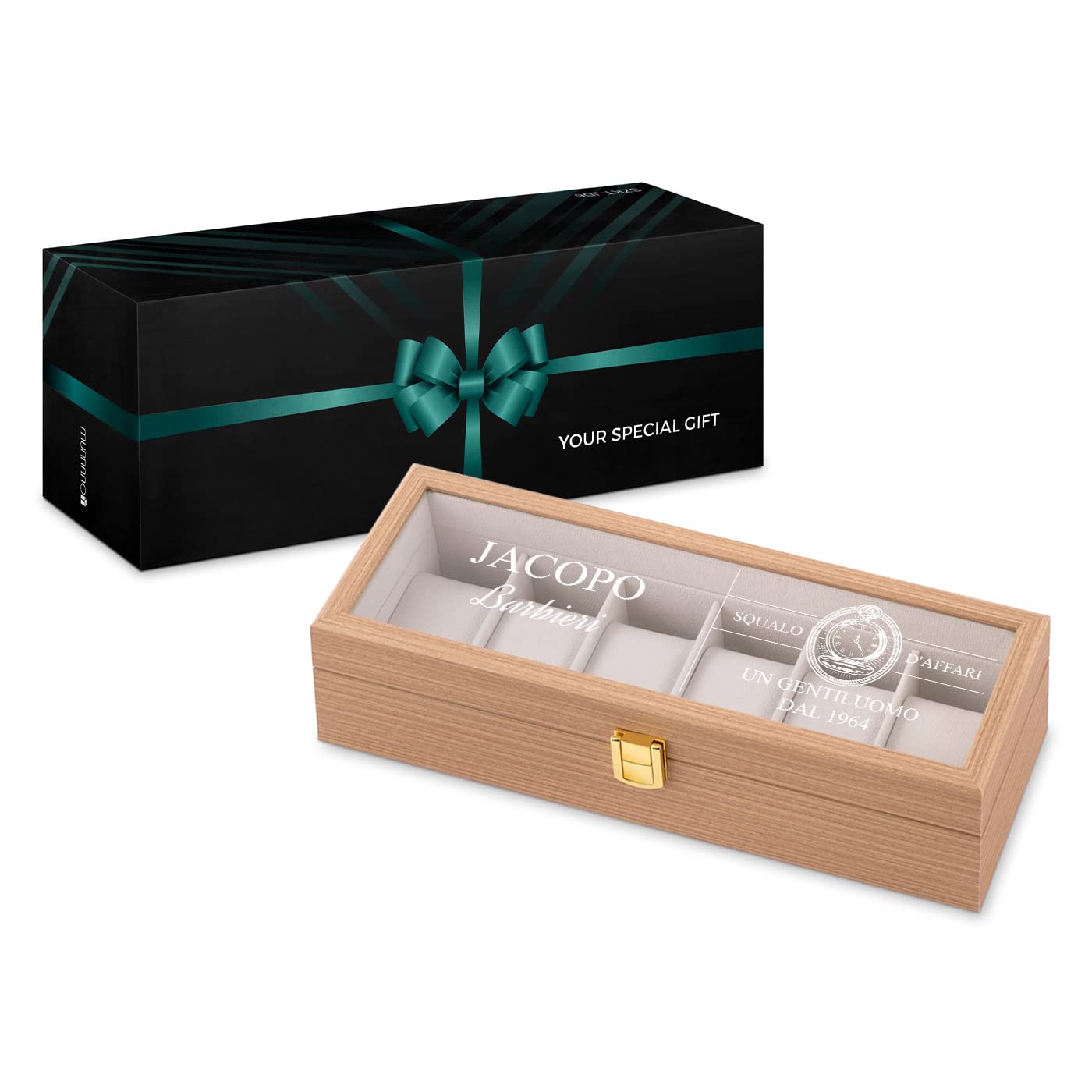 Maverton scatola porta orologi - con incisione personalizzata - in legno - custodia per 6 orologi - in legno - 31x11x8cm - regalo uomo - gentiluomo