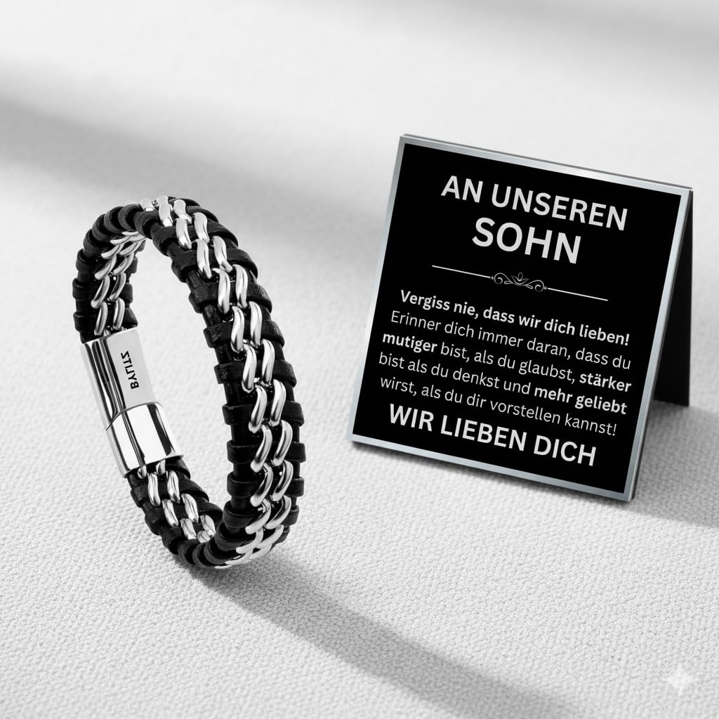 Leder Armband personalisiert mit LED Geschenk Box An meinen Mann Schatz Sohn mit Glückwunschkarte für Männer Herren Jugendliche Jungen Geburtstag Jahrestag Weihnachten