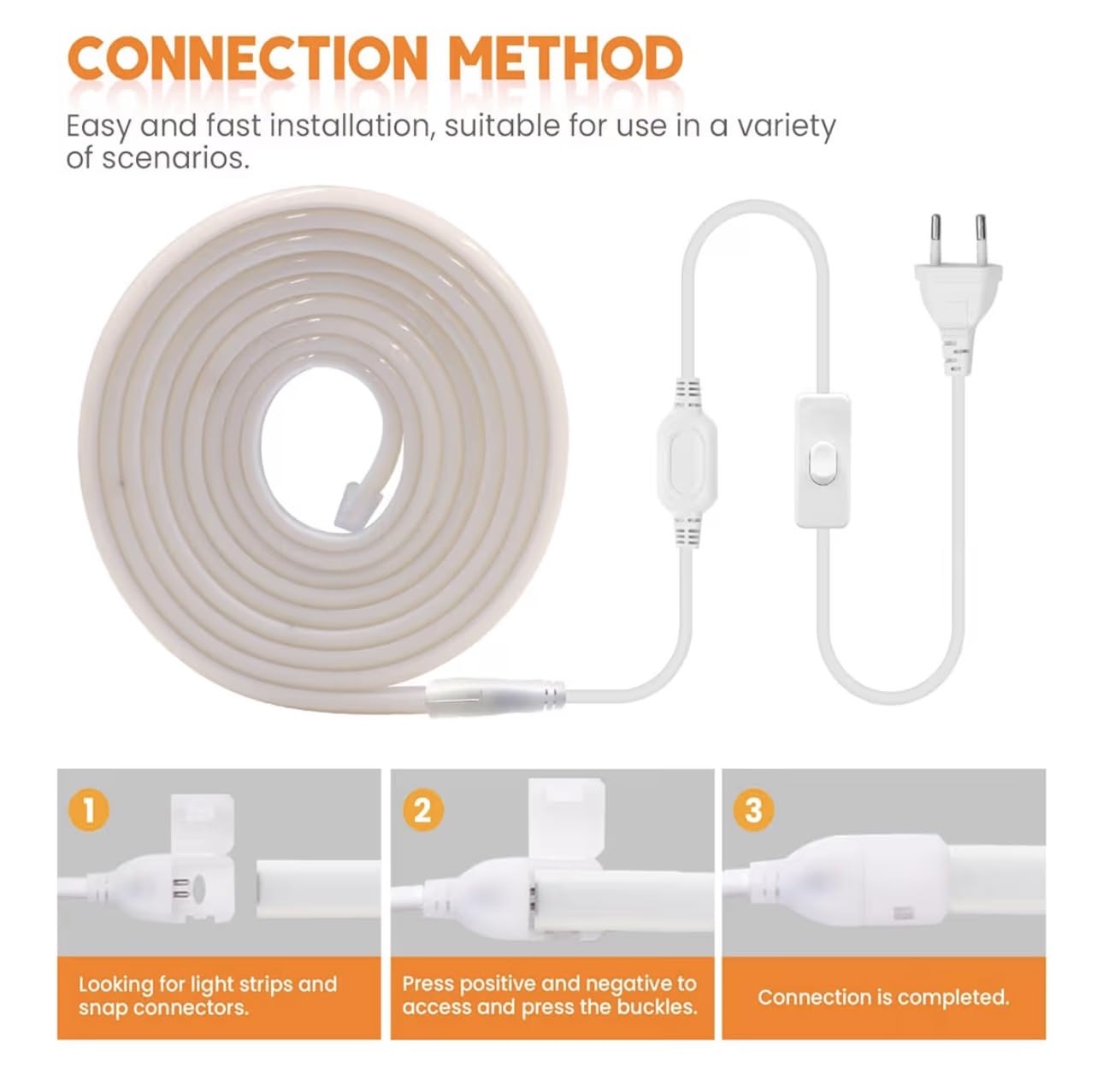 Tira LED 100 METROS 230V, Luz Cálida 3000K, IP65 | No necesita fuente de alimentación, 288 LEDs/m, Impermeable,exterior, Cortable cada 50 cm, Incluye Cable