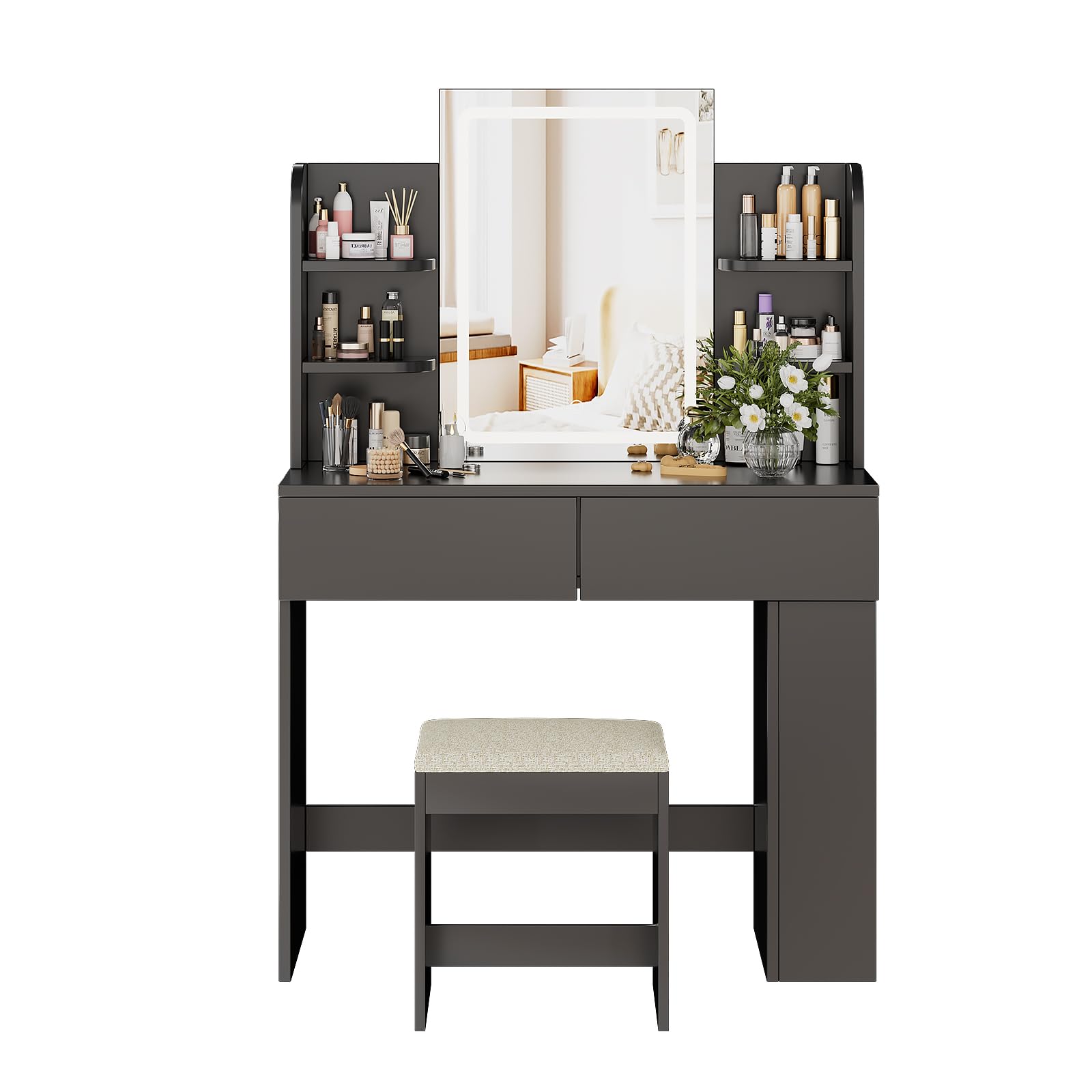 TRIUMPHKEY Tocador de Maquillaje con Espejo LED Regulable, Mesa de Maquillaje con 2 Cajones y Taburete, 90x40x135 cm, Negro