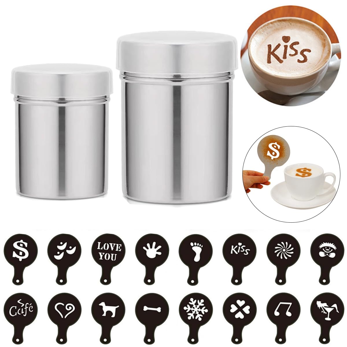 TAIZER 2 szt. Shaker do kakao ze stali nierdzewnej Shaker do kawy z pokrywką o drobnych oczkach shaker kakao koparka kakao rozdrabniacz kakao rozdrabniacz kakao Cappuccino cukier puder posypka ze