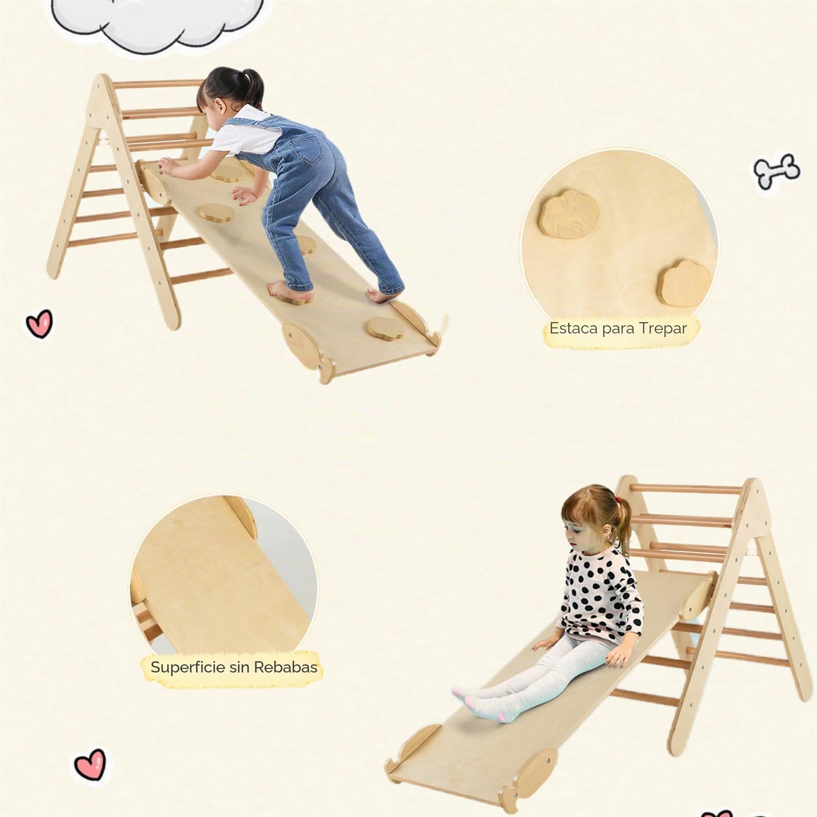 LIFEZEAL Juego de Escalada 3 en 1 con tobogán de inclinación Ajustable, Escalera Triangular de Madera para jardín de Infantes, Juguete de Parque de Atracciones para niños pequeños (Natural)
