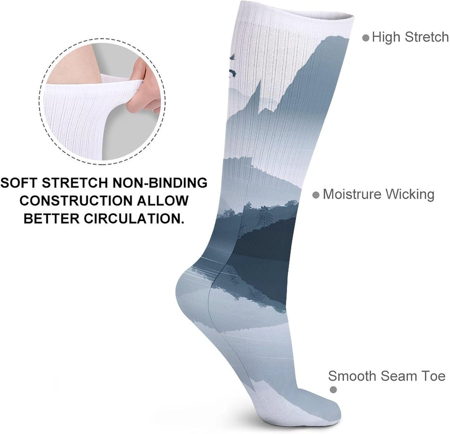 Breathable Crew Sock, Moisture Wicking, Athletic Calf Socks, Cozy | Chinese Style Landscape Compression Socks for Women Men, Lightweight High Work Socks for Business, Casual