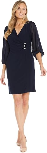 R&M Richards Women's Faux-Wrap Dress with Chiffon Blouson Sl