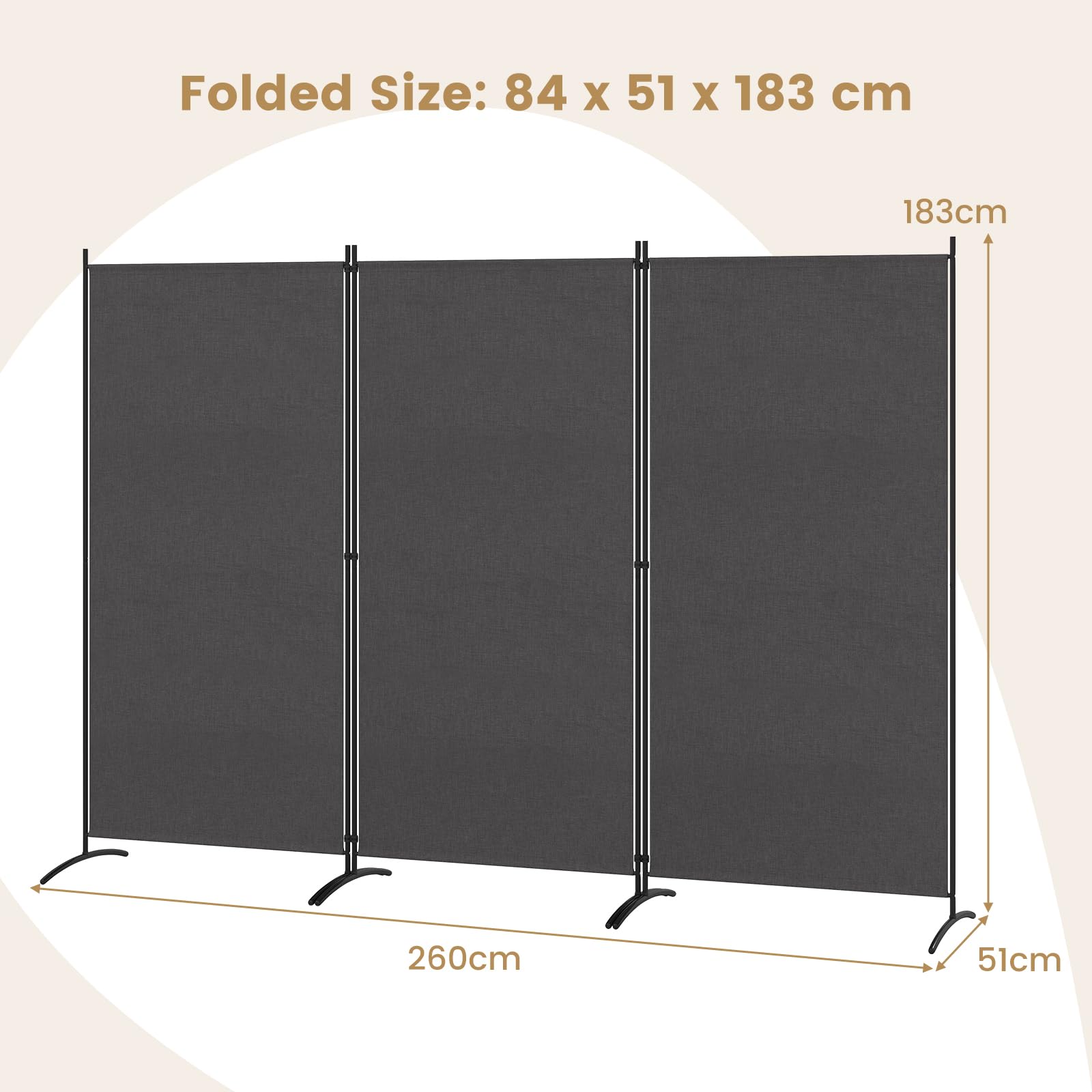 LZQ Inkijkbescherming voor in de tuin, scheidingswand, 225 x 180 cm, stof, ruimteverdeler, 4-delig, balkon, inkijkbescherming, inklapbaar, vrijstaande scheidingswand, balkon, kantoor, donkergrijs
