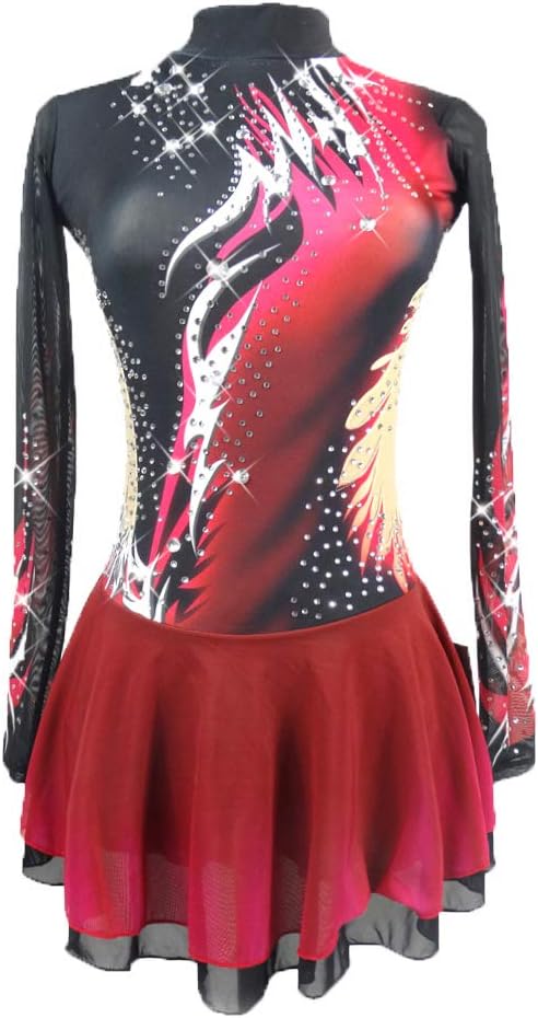 Ice Skating Dress Black Red Spandex Competition Costumes Custom Made Skating Skirts Girls Long Sleeve Skating Costumes