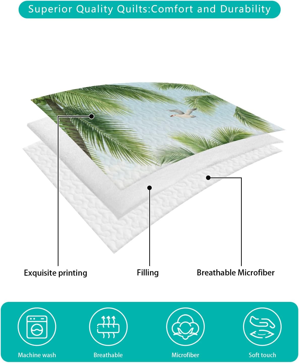 Full Size Quilt Set, Summer Tropical Palms Lightweight Bedspread Coverlet Set Soft Microfiber Summer Quilt with 2 Pillow Shams, Beach Horizon Seagulls 3 Piece Comforter Bedding Set