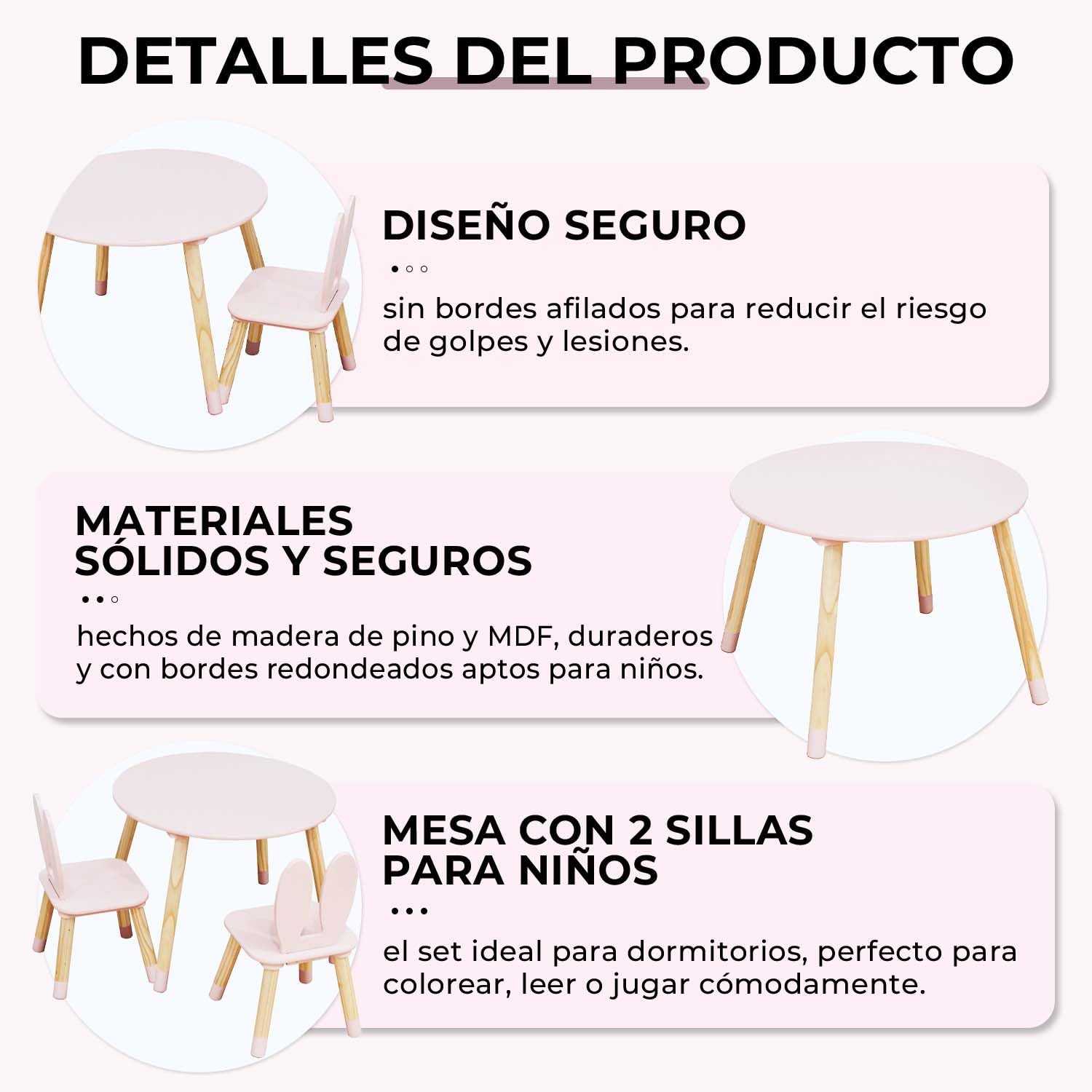 Rebecca Mobili Set de Mesa y 2 Sillas para Niños, Mesa Infantil con Taburetes, Rosa Marrón, MDF de Pino, para Habitación Infantil - Medidas: 44 x 60 x 60 cm / 50 x 28 x 25 cm - Art. RE7017