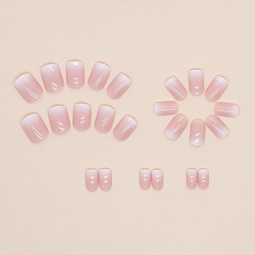 Miniatura 2 de Uñas postizas a presión, 24 piezas de uñas postizas cortas cuadradas de color rosa brillante blanco degradado, kit de uñas con pegamento de uñas,