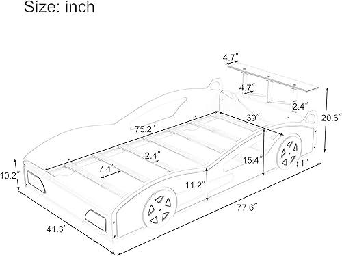 Miniatura 2 de Harper & Bright Designs Cama de plataforma en forma de auto de tamaño individual con almacenamiento y ruedas, cama individual para niños, marco de
