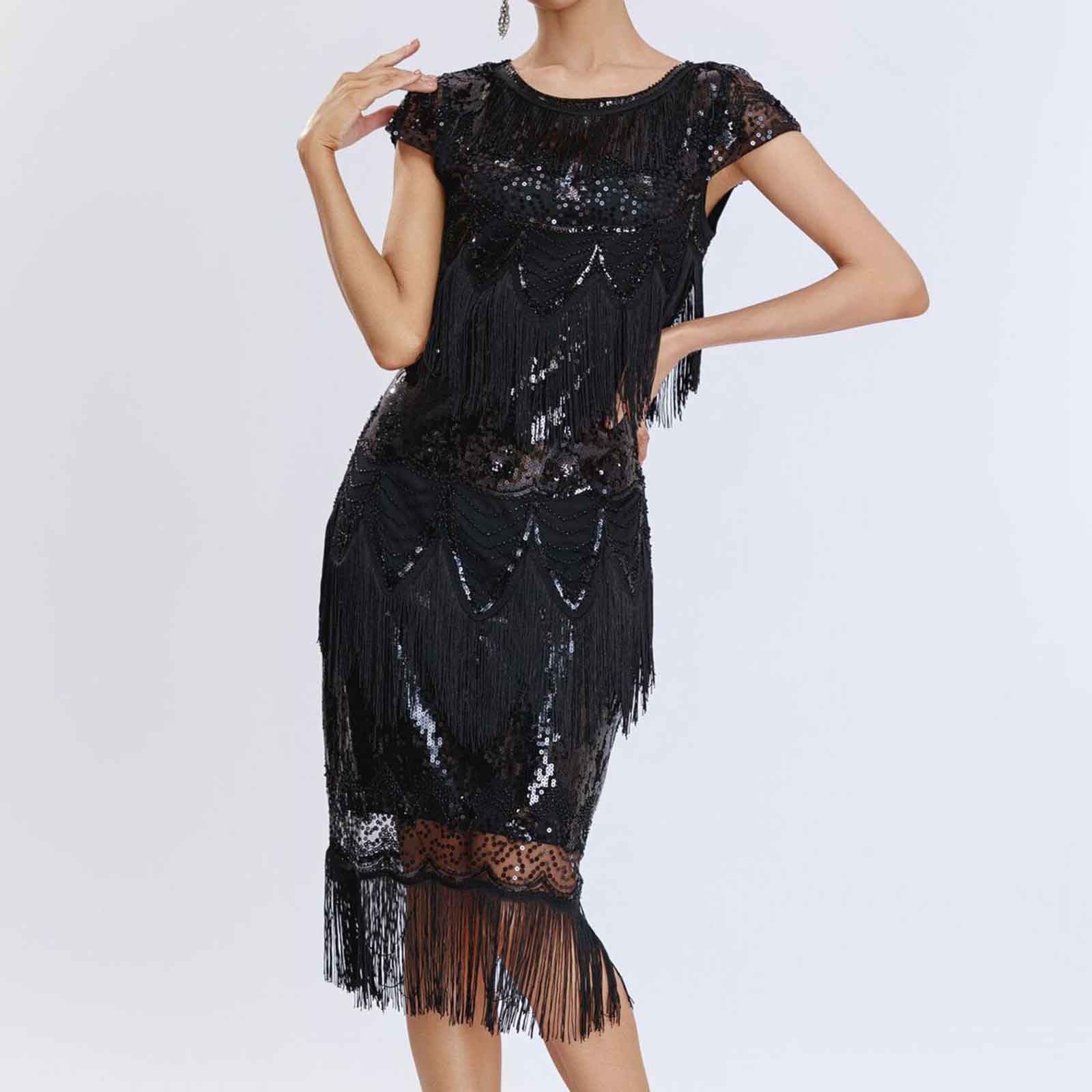 HAOLEI Abito da Donna Anni ‘20 Abito da Donna Sexy con Spacco Lungo Elegante a Tracolla Scollo a V Profondo con Paillettes Vestito Cocktail da Sera Estivo