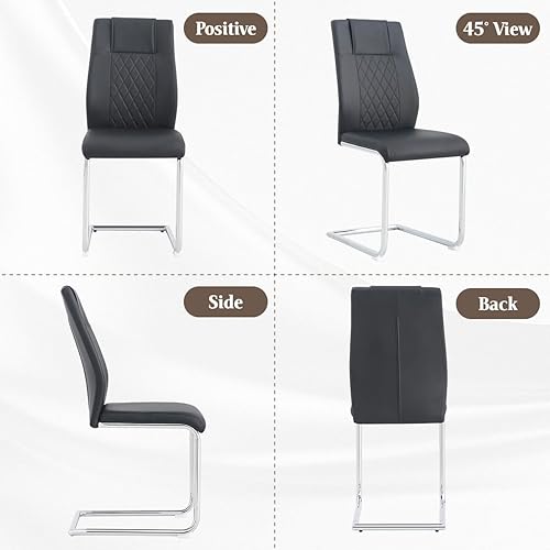 Miniatura 4 de Juego de sillas de comedor  4 sillas de cocina negras con respaldo alto con asiento tapizado de piel sintética impermeable y patas de metal cromadas