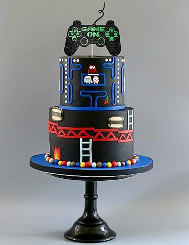 Miniatura 5 de Game On Big Cake Topper  Controlador de videojuegos dorado negro y verde para decoración de pasteles para niños y niños, suministros de fiesta de