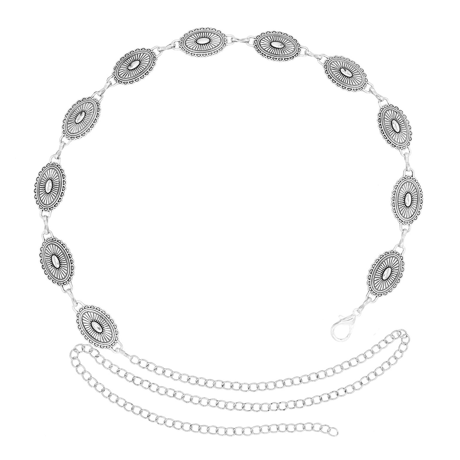 JFGDVW Western Metal Concho Belt, Women Boho Chain Belt, Adjustable Metal Cowgirl Chain, For Dress (Silver)