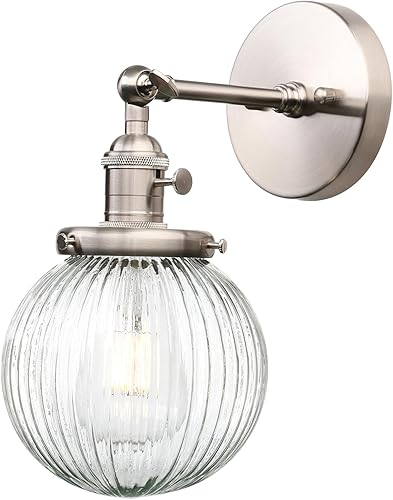PERMO Aplique de pared industrial vintage con mini pantalla redonda de vidrio acanalado de globo transparente de 5.9 pulgadas (cepillado)