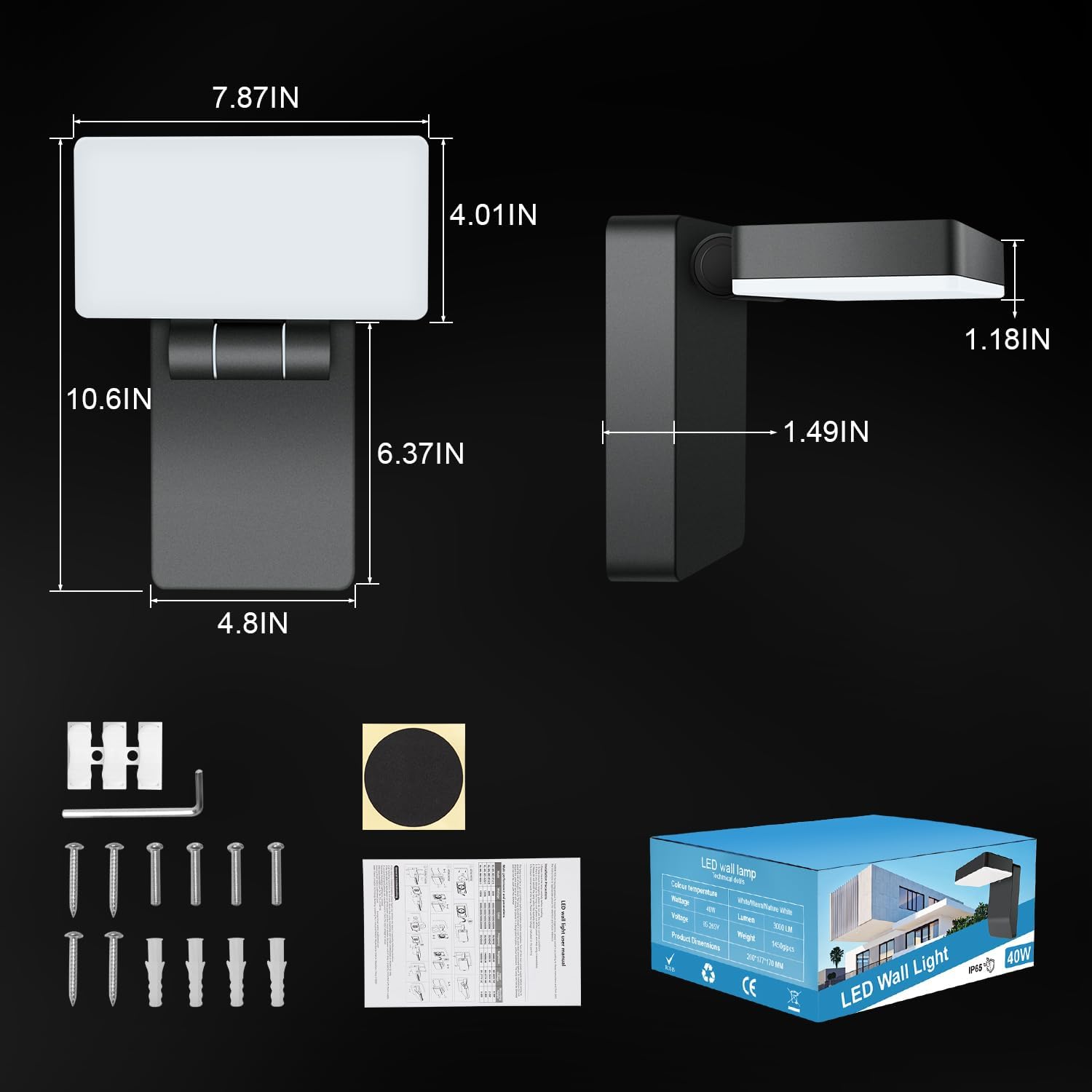 40W LED Wall Lights 3000LM Rotatable 360° Neighbor Friendly Porch Light 5000K Waterproof IP65 Outdoor Security Flood Lighting Switch Control for Garage Yard Backyard